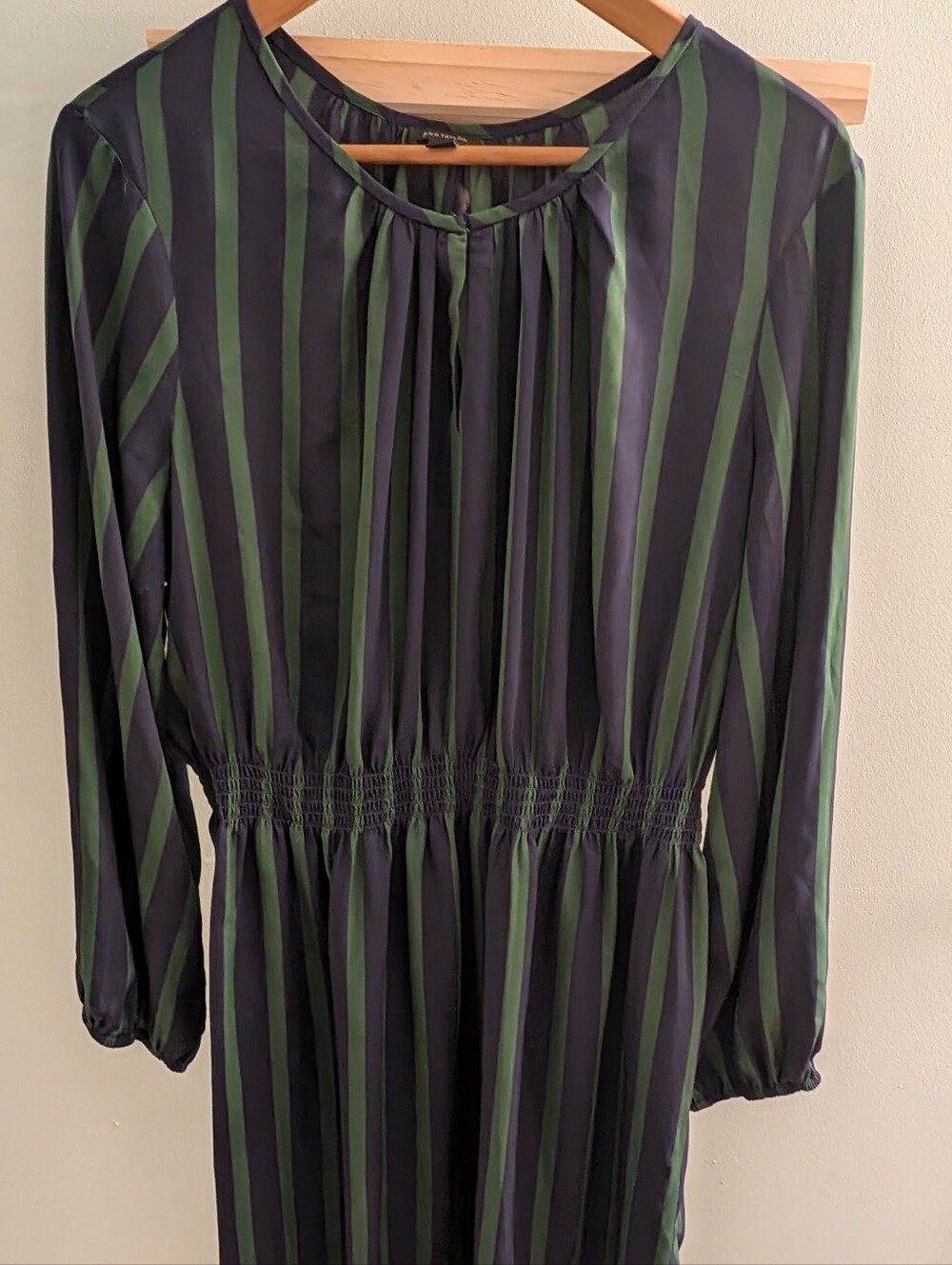 Ann Taylor Black and Green Vertical Stripe Long Sleeve Midi Dress
